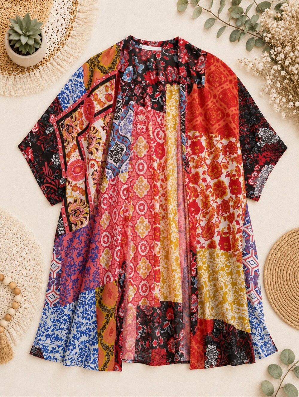 Bright Patchwork Mixed Print Resort Wear Beach Open Front Drape/kimono One Size